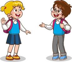 little kid say hello to friend and go to school together vector