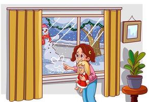 está nevando afuera y la niña que mira por la ventana juega con su muñeca.hace un dibujo en el vidrio vector