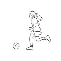 línea arte chica jugando fútbol con pelota ilustración vector dibujado a mano aislado sobre fondo blanco