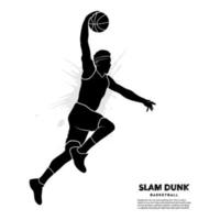 Silhouette of a professional basketball player jumping for a slam dunk. Vector illustration