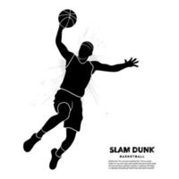 Silhouette of professional basketball player jumping for a slam dunk isolated on white background vector