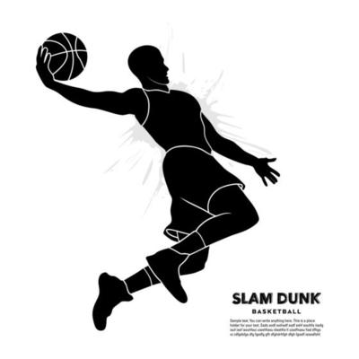 Male basketball player jumps for a slam dunk. Vector illustration