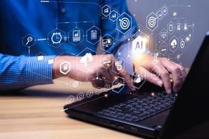 Businessmen experience the operation of artificial intelligence systems.AI Future technology virtual screen interface. Innovative IoT network connectivity, Digital transformation photo