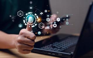 Banking data protection with fingerprint sign-up, cyber security, financial technology. Internet innovation technology against digital cyber crime. big Data businesses.User scans fingerprint to log in photo