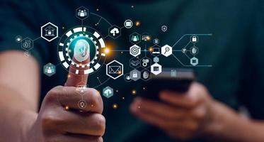 Banking data protection with fingerprint sign-up, cyber security, financial technology. Internet innovation technology against digital cyber crime. big Data businesses.User scans fingerprint to log in photo