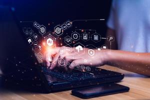 Businessmen experience the operation of artificial intelligence systems.AI Future technology virtual screen interface. Innovative IoT network connectivity, Digital transformation photo