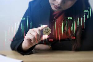 Business woman in hand bitcoin coins with crypto trading chart. cryptocurrency exchange. technology and investment digital concept. finance, Trader, investor, gold Bitcoin Cash photo