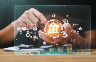 Business people who use online banking and mobile payments. Digital marketing.Finance and banking networking.Online shopping and customer network connection icons,Cybersecurity.Business technology. photo