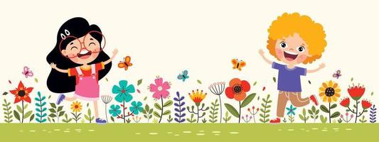 Children Playing In Colorful Flowers vector