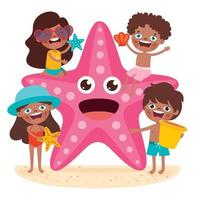 Summer Kids Posing With Starfish vector