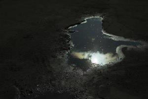Sun in puddle. Puddle dries on asphalt. Details of road. Water on ground. photo