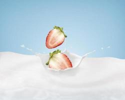 strawberries falling into a splash of milk isolated on blue background