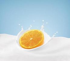 Orange falling into a splash of milk isolated on blue background photo