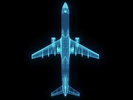 3D rendering illustration aeroplane blueprint glowing neon hologram futuristic show technology security for premium product business finance photo