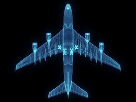 3D rendering illustration aeroplane blueprint glowing neon hologram futuristic show technology security for premium product business finance photo