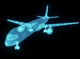 3D rendering illustration aeroplane blueprint glowing neon hologram futuristic show technology security for premium product business finance photo