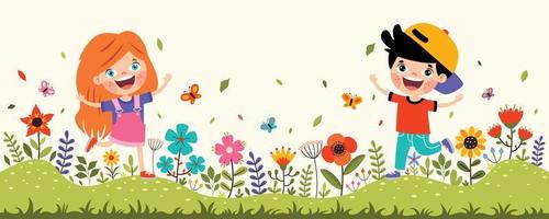 Children Playing In Colorful Flowers vector