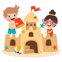 niños jugando con castillo de arena vector