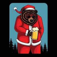 Bear wearing costume santa claus drink beer vector illustration