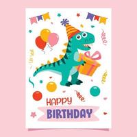 tarjeta de cumpleaños con personaje de dinosaurio vector