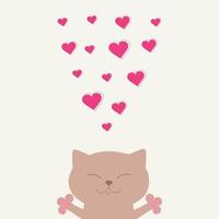 Cute smiling light brown cat gives hearts. Cat kitten kitty. Happy Valentines Day. Cute cartoon kawaii funny animal character head face. Flat design. Love card. Sticker print vector