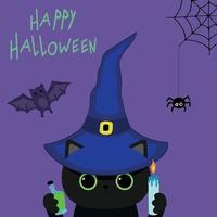 Cute black kitten in a witch hat with potion and candle in hands. Purple background with a spider on web and a bat vector