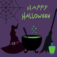 Witch cauldron with hat, potion and broom on purple background. Hand drawn Halloween attributes. Happy Halloween. Vector illustration