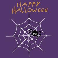 Black spider with web on purple background. Happy Halloween. Hand drawn Halloween attributes. Vector illustration