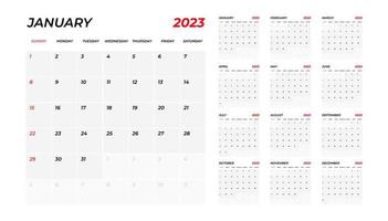 calendario 2023. la semana comienza el domingo. plantilla de calendario anual 2023. diseño de calendario en colores blanco y negro, domingo en colores rojos. semana de planificación del calendario. vector