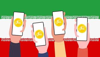 Digital Rial Coins on mobile screen of people, CBDC currency futuristic digital money on Iran flag  background. vector