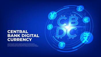 cbdc dinero digital futurista sobre fondo azul. vector de banner de moneda digital del banco central.