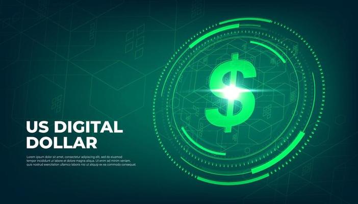 Digital currency USA dollar sign, US Digital Dollar futuristic digital money on green abstract technology background, vector.