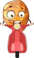 Happy, fried chicken leg driving a motorcycle, illustration, vector on white background.