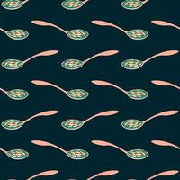 Spoon with food,seamless pattern on dark green background. vector