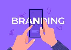 Hands zooming the word branding on mobile screen. used for poster, banner, background, social media. vector