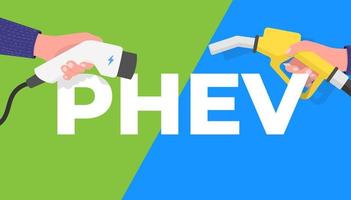 PHEV, Plug-in hybrid electric vehicle banner. Hand holding gas pump and power connector for refuel. vector