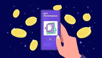 NFT Marketplace App on Mobile with cryptocurrency coins falling concept banner. vector