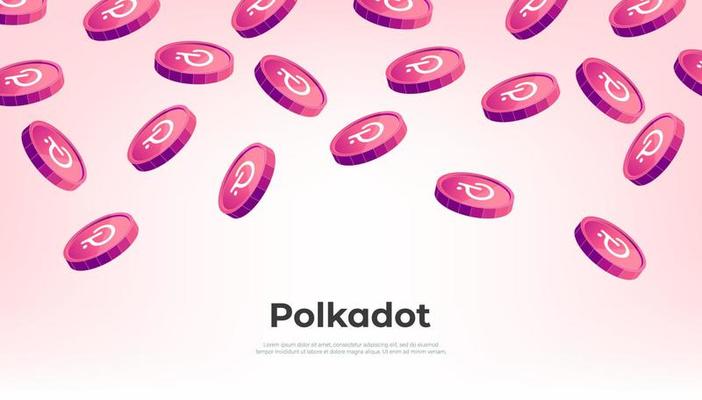 Polkadot coin falling from the sky. DOT cryptocurrency concept banner background.