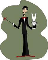 ilusionista con conejo, ilustración, vector sobre fondo blanco.