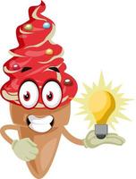 Ice cream with lighting bulb, illustration, vector on white background.