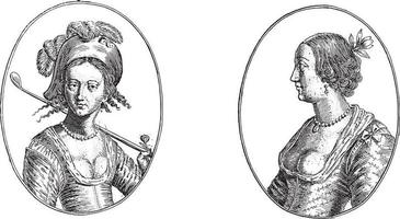 Portraits of the courtesans called the Fair Tuscan and La Donna Juliana, vintage illustration. vector
