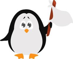 Penguin with a white flag, illustration, vector on white background