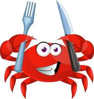 Crab with knife and fork, illustration, vector on white background.