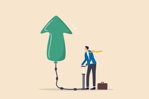 Growing business, raising income or wages, growth or improvement, increase price, interest rate or inflation, rising up direction concept, businessman inflate air pump into floating green arrow up. vector