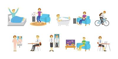 daily activities of employees, going to work, at the office, relaxing at home and others, suitable for children's story books, stickers, mobile applications, games, websites, posters, t-shirts vector