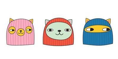 Cute cats in balaclavas. Doodle style. Vector illustration