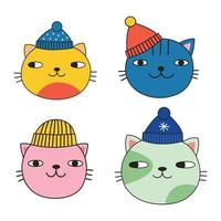 A set of cute cats' faces in winter hats. Doodle style. Vector illustration