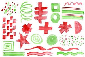 trazos de pincel de acuarela de colores. fondo de textura de mancha abstracta dibujada a mano. Manchas navideñas rojas y verdes de forma diferente. foto