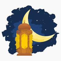 Editable Standing Arabian Lantern and Crescent Moon on Night Scene Sky Vector Illustration With Brush Strokes Style for Artwork Element of Ramadan Kareem or Eid Mubarak Design Concept