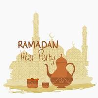 café árabe editable en dallah pot y copa finjan con dátiles fruta en tazón ilustración vectorial frente a pinceladas silueta de mezquita estampada para el concepto de diseño de afiches de ramadan iftar party vector